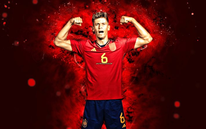 Marcos Llorente, 4k, red neon lights, Spain National Football Team, soccer, footballers, red abstract background, spanish football team, Marcos Llorente 4K