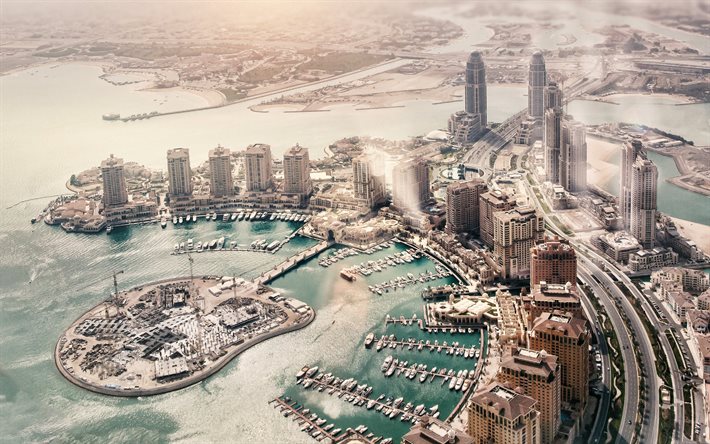 doha, vista aerea, marsa arabia, aspettative moderne, doha vista dall'alto, isola di marsa arabia, panorama di doha, paesaggio urbano di doha, qatar
