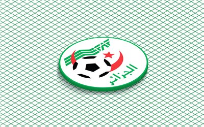 4k, logo isometrico della nazionale di calcio dell'algeria, arte 3d, arte isometrica, nazionale di calcio dell'algeria, sfondo verde, algeria, calcio, emblema isometrico