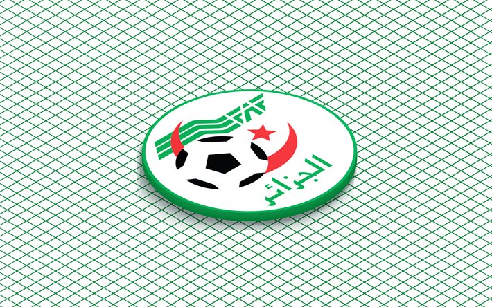 4k, अल्जीरिया की राष्ट्रीय फ़ुटबॉल टीम का आइसोमेट्रिक लोगो है, 3 डी कला, आइसोमेट्रिक कला, अल्जीरिया की राष्ट्रीय फुटबॉल टीम, हरी पृष्ठभूमि, एलजीरिया, फ़ुटबॉल, आइसोमेट्रिक प्रतीक