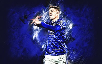 Harvey Barnes, Leicester City FC, english footballer, midfielder, portrait, blue stone background, football, premier league, england