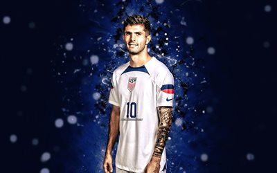 Christian Pulisic, 4k, 2022, blue neon lights, United States national soccer team, soccer, footballers, Christian Pulisic 4K, American soccer team, USMNT