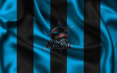 4k, Miami Marlins logo, black blue silk fabric, American baseball team, Miami Marlins emblem, MLB, Miami Marlins, USA, baseball, Miami Marlins flag, Major League Baseball