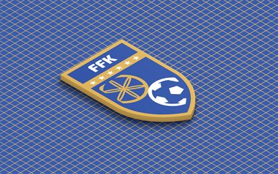4k, logo isométrique de l'équipe nationale de football du kosovo, art 3d, art isométrique, équipe nationale de football du kosovo, fond bleu, kosovo, football, emblème isométrique