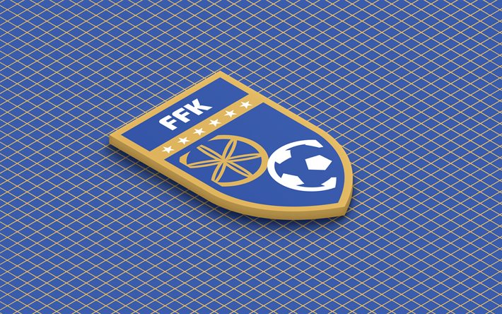 4k, logotipo isométrico del equipo nacional de fútbol de kosovo, arte 3d, arte isometrico, selección nacional de fútbol de kosovo, fondo azul, kosovo, fútbol, emblema isométrico