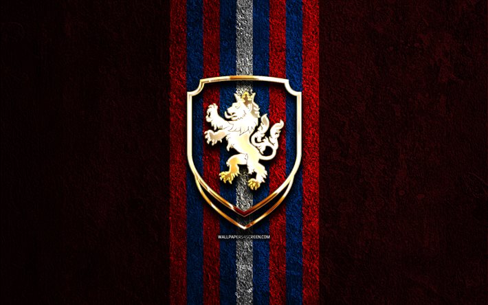 çek cumhuriyeti millî futbol takımı altın logosu, 4k, kırmızı taş arka plan, uefa, milli takımlar, çek cumhuriyeti millî futbol takımı logosu, futbol, çek futbol takımı, çek cumhuriyeti milli futbol takımı