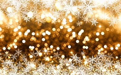 黄金の雪片の背景, 4k, ゴールデンスパンコール, 雪片のパターン, クリスマスの背景, 黄金の輝きの背景