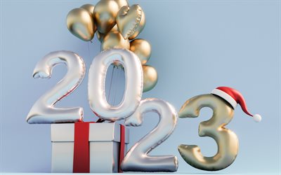 feliz ano novo 2023, balões 3d, 2023 conceitos, 2023 feliz ano novo, fundo de balões 2023, caixa de presente 3d