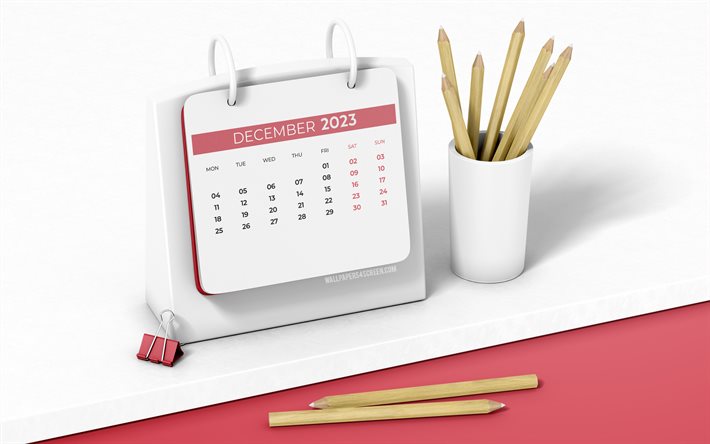 4k, joulukuun 2023 kalenteri, kyniä, 3d taide, punainen pöytäkalenteri, joulukuu, 2023 kalenterit, valkoinen pöytä, joulukuun kalenteri 2023, kesäkalentereita, vuoden 2023 pöytäkalenterit, 2023 joulukuun työkalenteri, 2023 joulukuun kalenteri