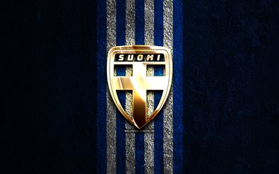 finlandiya millî futbol takımı altın logosu, 4k, mavi taş arka plan, uefa, milli takımlar, finlandiya milli futbol takımı logosu, futbol, fin futbol takımı, finlandiya milli futbol takımı