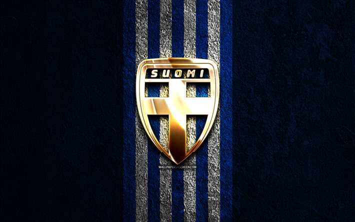 goldenes logo der finnischen fußballnationalmannschaft, 4k, hintergrund aus blauem stein, uefa, nationalmannschaften, logo der finnischen fußballnationalmannschaft, fußball, finnische fußballmannschaft, finnische fußballnationalmannschaft