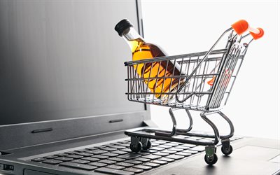 online shopping, 4k, shopping cart, online ordering alcohol, ordering drinks online, basket on keyboard, laptop, network technology, online shopping concepts