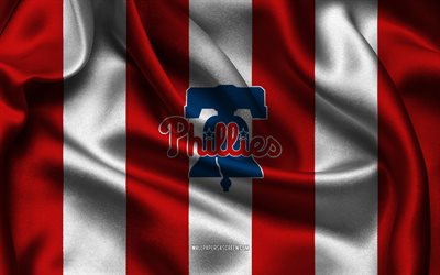 4k, Philadelphia Phillies logo, white red silk fabric, American baseball team, Philadelphia Phillies emblem, MLB, Philadelphia Phillies, USA, baseball, Philadelphia Phillies flag, Major League Baseball