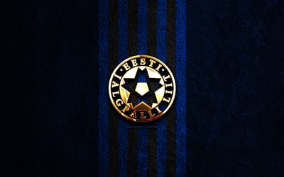 サッカー エストニア代表チームのゴールデン ロゴ, 4k, 青い石の背景, uefa, 代表チーム, サッカー エストニア代表チームのロゴ, サッカー, エストニアのサッカー チーム, フットボール, サッカー エストニア代表チーム
