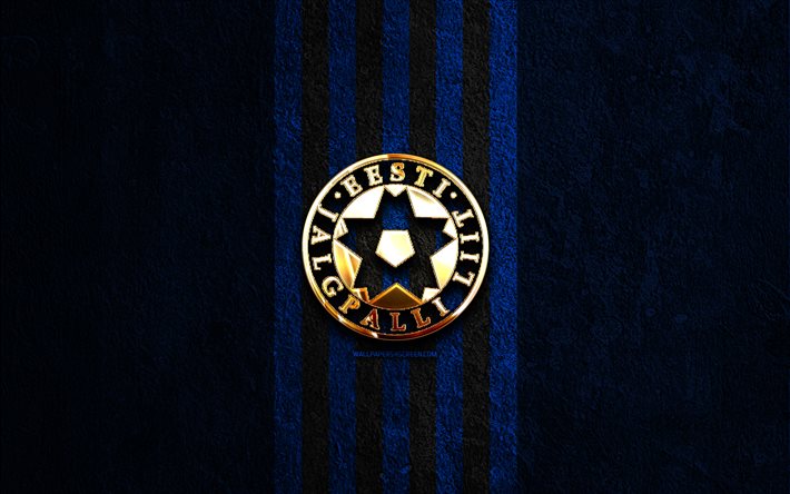 Estonia national football team golden logo, 4k, blue stone background, UEFA, national teams, Estonia national football team logo, soccer, Estonian football team, football, Estonia national football team