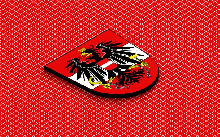 4k, Austria national football team isometric logo, 3d art, isometric art, Austria national football team, red background, Austria, football, isometric emblem