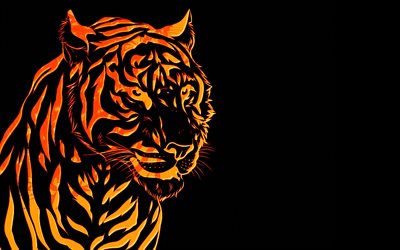 orangefarbener tiger, minimal, kreativ, schwarzer hintergrund, tiger, abstrakter tiger, kunstwerk, tiger minimalismus