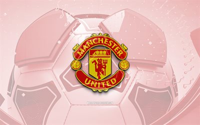 Manchester United glossy logo, 4K, red football background, Premier League, soccer, english football club, Manchester United 3D logo, Manchester United emblem, Manchester United FC, football, sports logo, Manchester United