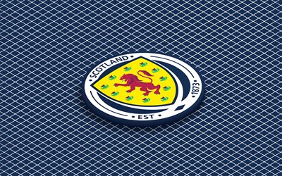 4k, logotipo isométrico del equipo nacional de fútbol de escocia, arte 3d, arte isometrico, selección de fútbol de escocia, fondo azul, escocia, fútbol, emblema isométrico