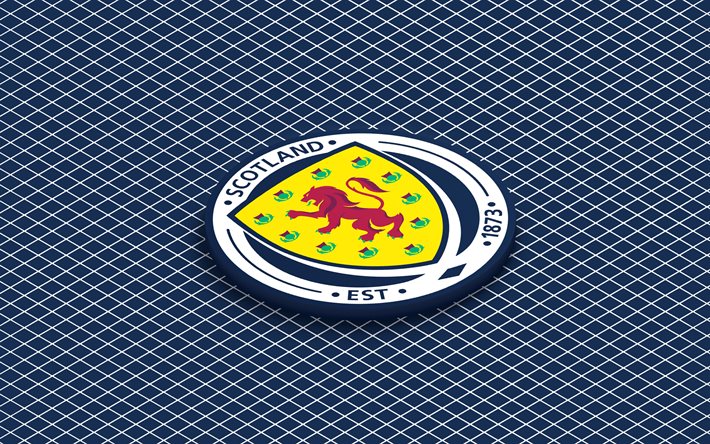 4k, logo isométrique de l'équipe nationale de football d'ecosse, art 3d, art isométrique, équipe d'écosse de football, fond bleu, écosse, football, emblème isométrique