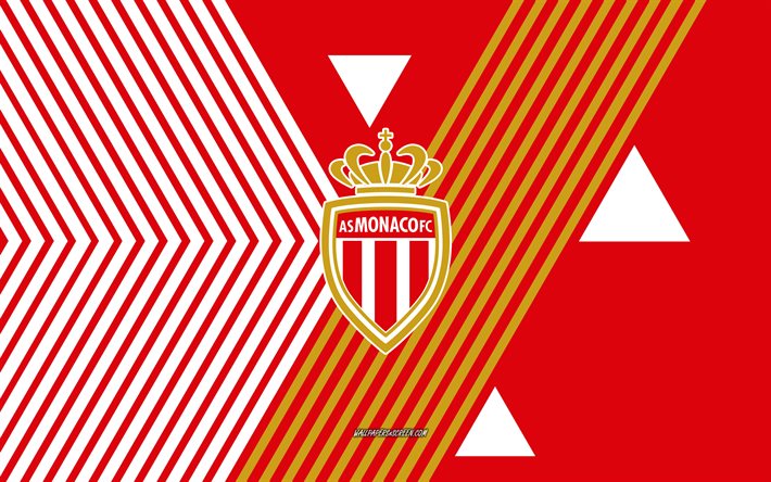 logotipo del as mónaco, 4k, equipo de fútbol francés, fondo de líneas blancas rojas, as mónaco, liga 1, francia, arte lineal, emblema del as mónaco, fútbol, as mónaco fc