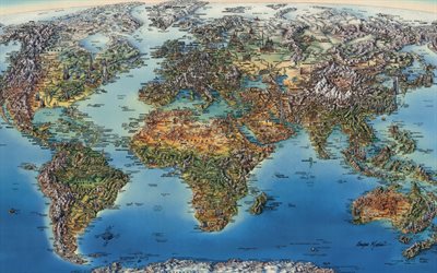 4k, 世界地図, 大陸, 海, 世界の地理的地図, 3 d の世界地図, 北アメリカ地図, ユーラシア地図, ヨーロッパの地図, 南アメリカの地図, アフリカの地図, オーストラリアの地図, 地理的な世界地図