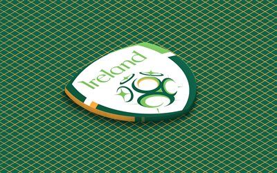 4k, logo isométrico da seleção irlandesa de futebol, arte 3d, arte isométrica, seleção irlandesa de futebol, fundo verde, irlanda, futebol, emblema isométrico