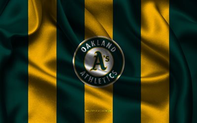 4k, logo d'athlétisme d'oakland, tissu de soie jaune vert, équipe américaine de base ball, emblème d'oakland athletics, mlb, athlétisme d'oakland, etats unis, base ball, drapeau d'athlétisme d'oakland, ligue majeure de baseball