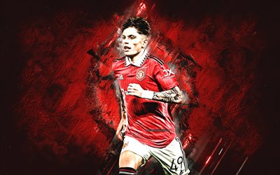 Alejandro Garnacho, Manchester United FC, red stone background, argentine football player, midfielder, portrait, grunge art, premier league
