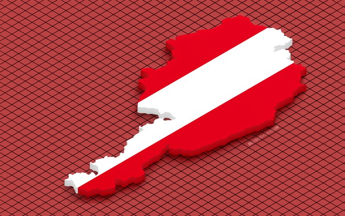 austria mapa 3d, 4k, fondo de cuadrados rojos, europa, mapas isometricos, bandera de austria, bandera austríaca, silueta de mapa de austria, mapa austriaco con bandera, mapa de austria, mapas 3d, mapa austríaco, austria
