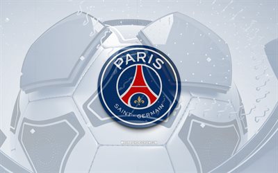 Paris Saint-Germain glossy logo, 4K, blue football background, Ligue 1, soccer, french football club, Paris Saint-Germain 3D logo, Paris Saint-Germain emblem, PSG logo, Paris Saint-Germain, football, sports logo, PSG
