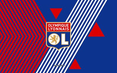 olympique lyonnais logo, 4k, französische fußballmannschaft, rote blaue linien hintergrund, olympique lyon, liga 1, frankreich, strichzeichnungen, olympique lyonnais emblem, fußball, fc lyon