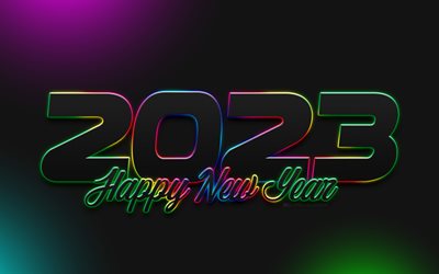 2023 felice anno nuovo, 4k, cifre al neon arcobaleno, 2023 concetti, 2023 cifre nere, felice anno nuovo 2023, creativo, 2023 sfondo scuro, 2023 anno, 2023 cifre al neon