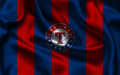 4k, logo dei texas rangers, tessuto di seta rosso blu, squadra di baseball americana, emblema dei texas rangers, mlb, ranger del texas, stati uniti d'america, baseball, bandiera dei texas rangers, major league baseball