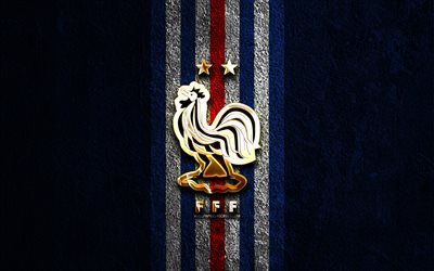 France national football team golden logo, 4k, blue stone background, UEFA, national teams, France national football team logo, soccer, French football team, FFF, football, France national football team