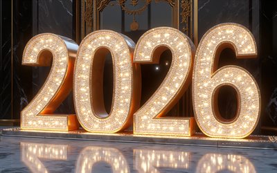 2026 glowing numbers, 4k, 2026 Happy New Year, 2026 concepts, Happy New Year 2026, black marble background, 2026 New Year, 2026 greeting card