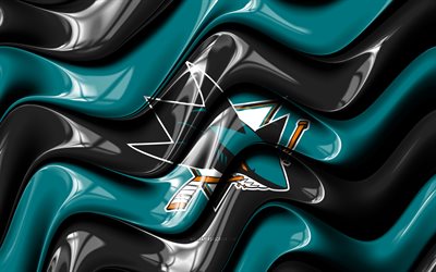 San Jose Sharks 3D logo, 4k, black turquoise 3D waves, NHL, hockey, San Jose Sharks flag, creative, San Jose Sharks logo, San Jose Sharks emblem, american hockey team, San Jose Sharks