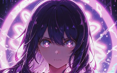 ai hoshino, 4k, violette neonringe, oshi no ko, manga, lila auge, lila abstrakter hintergrund, oshi no ko manga serie, kunstwerk, hoshino ai, protagonist, ai hoshino oshi no ko