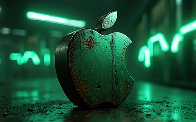 애플 빛나는 로고, 4k, 애플 엠블럼, 녹색 배경, 사과 사인, 그런지 예술, 애플 로고, 그런지 장면, 사과, 녹색 빛