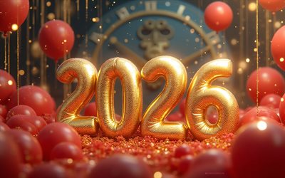 2026 frohes neues jahr, rote luftballons, konzepte für 2026, 2026 hintergrund mit uhr, frohes neues jahr 2026, goldzahlen 2026, 2026 neujahr, grußkarte 2026