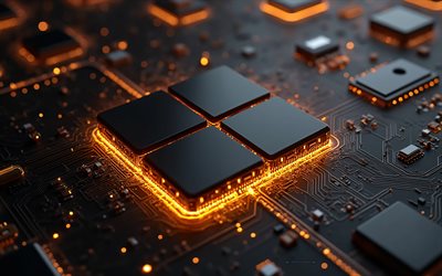 logotipo 3d negro de windows 11, 4k, emblema de windows 11, retroiluminación de neón dorado, logotipo de windows 11, placa base negra, signo de windows 11, ventanas 11, arte de alta tecnología, logotipo de windows, ventanas