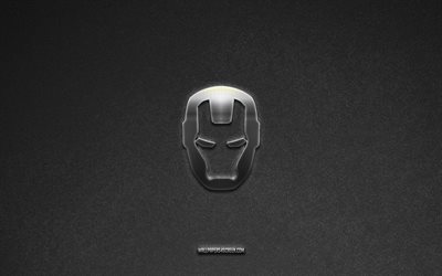 Iron man logo, brands, gray stone background, Iron man emblem, popular logos, Iron man, metal signs, Iron man metal logo, stone texture