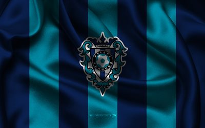4k, logo avispa fukuoka, tissu de soie bleu, équipe japonaise de football, emblème avispa fukuoka, ligue j1, avispa fukuoka, japon, football, drapeau avispa fukuoka