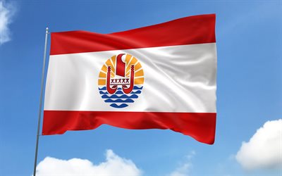 drapeau de la polynésie française sur mât, 4k, pays océaniens, ciel bleu, drapeau de la polynésie française, drapeaux de satin ondulés, symboles nationaux de la polynésie française, mât avec des drapeaux, océanie, polynésie française