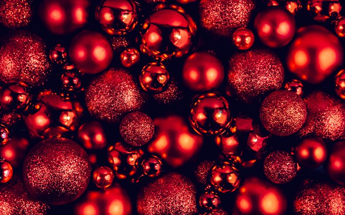 rote weihnachtskugeln, hintergrund mit bällen, roter weihnachtshintergrund, frohes neues jahr, frohe weihnachten, weihnachtspostkartenvorlage