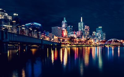 Sandridge Bridge, nightscapes, Yarra River, australian cities, cityscapes, Melbourne, Australia, Melbourne panorama, HDR, Melbourne cityscape