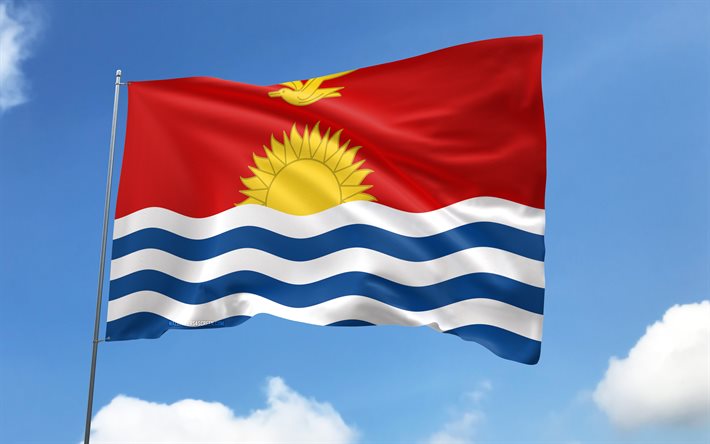 깃대에 키리바시 국기, 4k, 오세아니아 국가, 파란 하늘, 키리바시의 국기, 물결 모양의 새틴 플래그, 키리바시 국기, 키리바시 국가 상징, 깃발이 달린 깃대, 키리바시의 날, 오세아니아, 키리바시