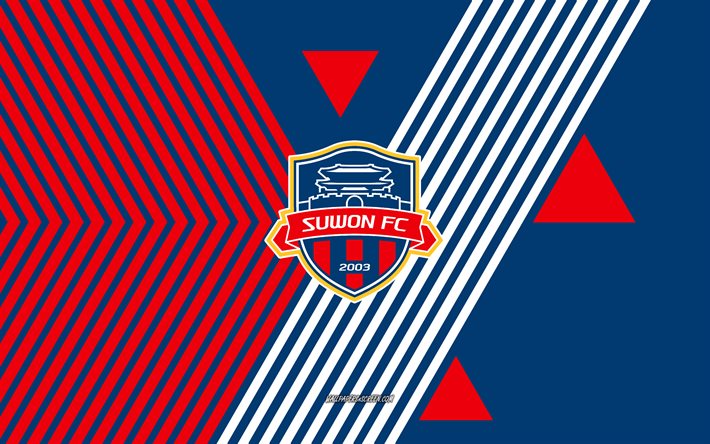 logo suwon fc, 4k, équipe de corée du sud de football, fond de lignes bleues rouges, fc suwon, ligue k 1, corée du sud, dessin au trait, emblème du fc suwon, football