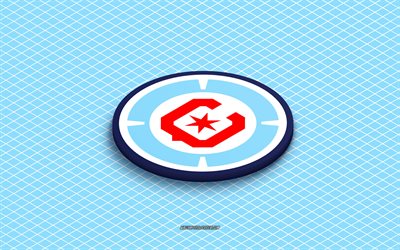 4k, logo isométrique du chicago fire fc, art 3d, club de football américain, art isométrique, chicago fire fc, fond bleu, mls, etats unis, le football, emblème isométrique, logo chicago fire fc