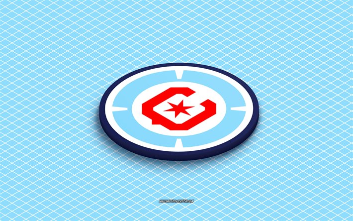 4k, chicago fire fc isometrisk logotyp, 3d konst, amerikansk fotbollsklubb, isometrisk konst, chicago fire fc, blå bakgrund, mls, usa, fotboll, isometriskt emblem, chicago fire fc logotyp